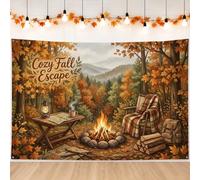 Cozy Fall Forest Retreat Bannière de fond pour feu de camp 180,3 x 109,2 cm | Paysage forestier, toile de fond pour photo, scène de feu de camp rustique, accents de couverture à carreaux