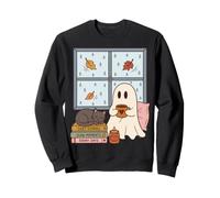 Cozy Ghost Rainy Day Reading Cat Coffee Lover Halloween Sweatshirt