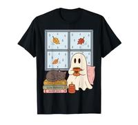 Cozy Ghost Rainy Day Reading Cat Coffee Lover Halloween T-Shirt