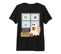 Cozy Ghost Rainy Day Reading Cat Coffee Lover Halloween T-Shirt Haut de Gamme