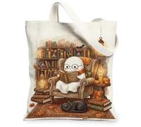 Cozy Ghost Reading Sac fourre-tout en toile avec illustration de contes effrayants 33 x 38 cm, Orange, 13x15 Inch