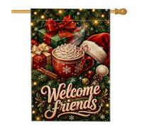 Cozy Holiday Cocoa Welcome Mug avec drapeau de maison de Noël 71 x 101 cm | Branches de pin, drapeau de cour, chapeau de Père Noël, boîtes cadeaux, message de bienvenue, décoration de porche d'hiver