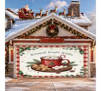 Cozy Holiday Housse de porte de garage avec citation de cacao chaud 397 x | Biscuit en pain d'épices, drapeau de porte de garage, feuilles de houx, bordure à carreaux de buffle, vœux saisonniers