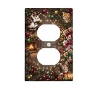 Cozy Kitten Plaque de sortie duplex pour chatons Thème vacances d'hiver | Verdure d'hiver, pommes de pin, cadeaux emballés, fond en bois rustique, décoration d'intérieur pour les amateurs d'animaux