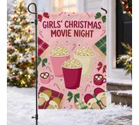 Cozy Movie Night Drapeau de jardin Popcorn 30,5 x 45,7 cm | Chaussons confortables, drapeau de cour, tasses à cacao chaudes, couvertures écossais, sucre d'orge, nœuds festifs