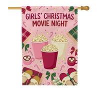 Cozy Movie Night Drapeau de maison Popcorn 71 x 101 cm | Chaussons confortables, drapeau de cour, tasses à cacao chaudes, couvertures écossais, sucre d'orge, nœuds festifs