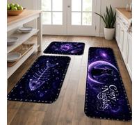 Cozy Nights Lot de 3 tapis de cuisine doux pour sol, motif galaxie, chat, poisson, violet, coussin d'hiver, confortable, lavable pour cuisine, évier, buanderie, salle de bain