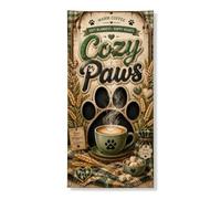 Cozy Paws Bannière décorative pour porte d'entrée, intérieur et extérieur, fournitures de vacances d'automne et d'hiver, café rustique et empreintes de pattes, 91,4 x 183 cm