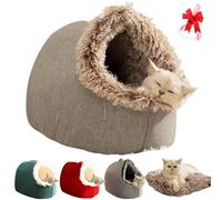 Cozy Self-Warming Cat Tent Cave Sleeping Beds, Winter Thickened Warm Semi-Closed Pet Bed, Portable Plush Kitten Puppy Calming Nest with Handle and Removable Cushion