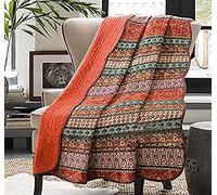 Cozyholy Couvre-lit bohème pour lit Deux Places et Grand lit, 100% Coton, Couvre-lit matelassé coloré à Rayures bohèmes réversibles et légères, Couverture de lit Vintage pour canapé et Sofa, Orange