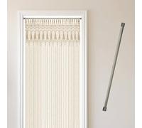 Cozyor Rideau de Porte en macramé 132 x 200 cm + Barre de Serrage sans perçage - Séparateur de pièce - Décoration Murale et décoration - Beige argenté - pour Mariage, Balcon - Fabriqué à la Main