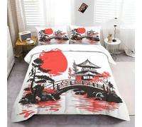 CozyRest 3 pièces Parure de lit 140x200 cm Modern Housse de Couette et 2 taies d'oreiller, 1 Personne Sets de Housse de Couette Microfibre, Motif Pont Et Arbres du Temple Japonais Coloré