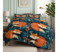 CozyRest Couette 160x200 cm Nordic Forêt Renard Roux Imprimée 4 Saisons pour Lit 2 Personnes, Super Doux sans Houss et 2 Taies d'oreiller 65x65 cm- Feuilles de Plantes d’Automne Bleu-Vert