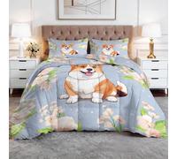 CozyRest Couette 240x260 cm Chiens Corgi Mignons Imprimée 4 Saisons pour Lit 2 Personnes, Edredon Réversible Couette Legere, Super Doux sans Houss et 2 Taies d'oreiller 65x65 cm- Aquarelle Florale