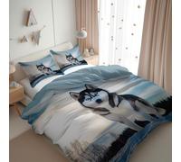 CozyRest Housse de Couette 140 x 200 cm avec 2 Taies d'oreiller 65x65 cm - Motif de Chien Husky - Polycoton Douce Parure de lit Adulte avec Fermetures éclair, Bleu