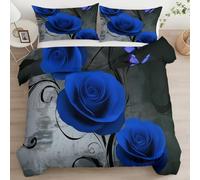 CozyRest Housse de Couette Roses Bleues et Papillons 3 pièces Parure de lit 2 Personne Enfant Ultra Doux Respirable Housse de Duvet Réversible, avec Fermeture Éclair (Gris foncé 280 x 240 cm)