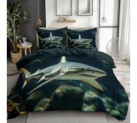 CozyRest Parure de Lit Mer Animaux sous-Marins Requin à Queue Noire Imprimé Housse de Couette avec 1 Taies d'oreiller Bleu Sarcelle foncé Réversible Literie en Polycoton, pour Enfants 90 x 190 cm