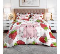CozyRest Parure de Lit Set Couette 200x200 cm avec 2 Taies d'oreiller 65x65 cm, Motif Cochon Mignon Fruits Fraises, Couette en Polyester Coton Hypoallergénique Adulte Enfant-3PC Linge de Lit