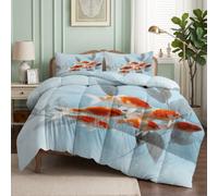 CozyRest Parure de Lit Set Couette 220x240 cm avec 2 Taies d'oreiller 65x65 cm, Motif Poissons Style Chinois, Couette en Polyester Coton Hypoallergénique Adulte Enfant-3PC Linge de Lit 2 Personnes