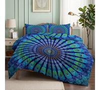 CozyRest Parure de Lit Set Couette 240x260 cm avec 2 Taies d'oreiller 65x65 cm, Motif Plume de Paon Bleu Vert, Couette en Polyester Coton Hypoallergénique Adulte Enfant-3PC Linge de Lit 2 Personnes