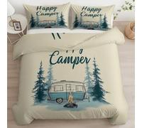 CozyRest Parures de lit 280 x 240 cm Camping-Car Bleu-Vert Rétro Forêt de pins Ensemble De Literie avec Fermeture Éclair Réversible Housse de Couette Parure de lit Doux Imprimé avec 2 Taie d'oreiller