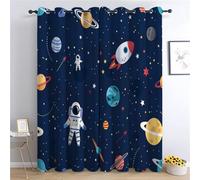 CozyRest Rideaux Occultants Chambre Enfant Planètes D'Astronautes Spatiaux De Dessin Animé, Bleu Foncé Isolant Thermique 220 x 215cm Occultant à Oeillets 2 Panneaux Doux Moderne pour Chambre et Salon