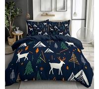 CozyRest Soft Housse de Couette 140 x 200 cm Imprimé Rennes Montagnes et Arbres Parure de Lit Bleu foncé Réversible pour Garçons Filles Ados Parure Douceur, sans Repassage