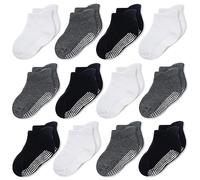 CozyWay Chaussettes de style cheville sans glissement avec pinces, 12 pack pour bébés garçons et filles, blanc noir et gris foncé, 0-6 mois