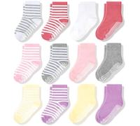 CozyWay Chaussettes pour les tout-petits de l'équipage antidérapant, 12 pack pour filles, blanc massif/gris/jaune/violet/corail et rayures, 3-5 ans