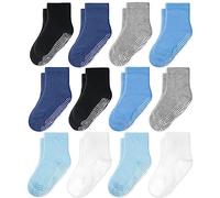 CozyWay Chaussettes pour les tout-petits de l'équipage antidérapant, 12 pack pour garçons, noir/blanc/gris/bleu/bleu clair, 1-3 ans