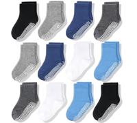 CozyWay Chaussettes pour nourrissons Grip non glissées, 12 pack pour garçons, noir/bleu/bleu clair/gris, 6-12 mois