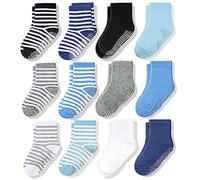 CozyWay Chaussettes pour tout-petits de l'équipage antidérapant, 6 pack pour garçons, noir/bleu/bleu clair/gris et rayures, 1-3 ans