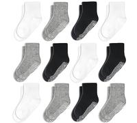 CozyWay Chaussettes pour tout-petits de l'équipage non glissant, 12 pack pour garçons et filles, noir/blanc/gris, 1-3 ans