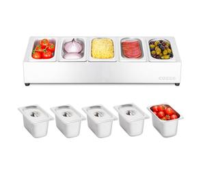 cozze® Station de garniture de pizza - Récipient à ingrédients en acier inoxydable avec couvercle pour découpe à pizza - Station professionnelle avec 5 compartiments - Accessoire de cuisine et de