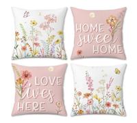 COZZSNUGE Housses de Coussin Fleurs Rose 45x45 cm, Lot de 4 Aquarelle Fleur Feuilles Printemps Extérieur Velours Taie d'oreiller Decoratif pour Canapé Salon Jardin