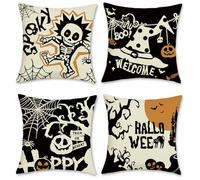 COZZSNUGE Housses de Coussin Halloween Noir Orange Citrouille Crâne Sorcière Chapeau Château Polyester Taies d’Oreiller Décoratives pour Canapé Lit Maison 45 x 45 cm 4 Pièces