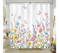 COZZSNUGE Rideau de Douche Fleurs Printemps, Rideau de Baignoire Aquarelle Feuilles Plante Papillons Colorées 180 x 180 cm Polyester Imperméable Résistant à la Moisissure 12 Crochets