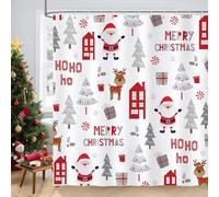 COZZSNUGE Rideau de Douche Joyeux Noël, Rideau de Baignoire Père Noël Arbre de Noël Élan Maison Hiver 180 x 180 cm Polyester Imperméable Résistant à la Moisissure 12 Crochets