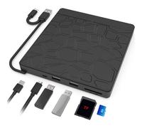 CP W3C Graveur/lecteur de CD/DVD externe USB/USB-C 3.0 avec lecteur de carte 5 en 1, câble d'alimentation noir