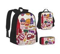 CPEOWZL Cartable scolaire imprimé journal en anglais + trousse + sac à déjeuner combinaison enfants filles sac déjeuner trousse à crayons, Noir , Taille unique