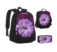 CPEOWZL Sac d'école avec imprimé chrysanthème violet + trousse à crayons + sac à déjeuner pour enfants filles, Noir , Taille unique