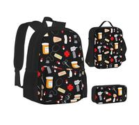 CPEOWZL Sac d'école avec motif de médecine de dessin animé + trousse à crayons + sac à déjeuner pour enfants filles sac à déjeuner trousse à crayons, Noir , Taille unique