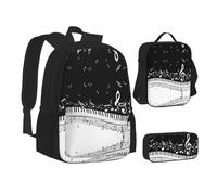 CPEOWZL Sac d'école avec touches de piano avec notes de musique imprimé + trousse à crayons + sac à déjeuner pour enfants filles sac à déjeuner trousse à crayons, Noir , Taille unique