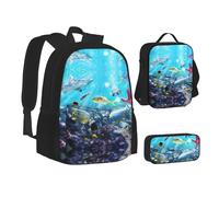 CPEOWZL Sac d'école coloré avec impression 3D Nature Scène de mer sous l'eau de poissons tropicaux + trousse à crayons + sac à déjeuner pour enfants filles sac à déjeuner trousse à crayons, Noir ,