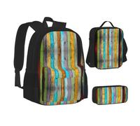 CPEOWZL Sac d'école coloré imprimé planche en bois + trousse à crayons + sac à déjeuner combinaison enfants filles sac à déjeuner trousse à crayons, Noir , Taille unique