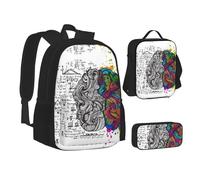 CPEOWZL Sac d'école imprimé cerveau gauche et droit + trousse à crayons + sac à déjeuner pour enfants filles sac à déjeuner trousse à crayons, Noir , Taille unique