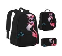 CPEOWZL Sac d'école imprimé Hello Glasses flamant rose + trousse à crayons + sac à déjeuner pour enfants filles, Noir , Taille unique