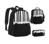 CPEOWZL Sac d'école imprimé piano + trousse à crayons + sac à déjeuner pour enfants filles sac à déjeuner trousse à crayons, Noir , Taille unique