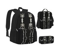 CPEOWZL Sac d'école imprimé squelette humain + trousse à crayons + sac à déjeuner pour enfants filles sac à déjeuner trousse à crayons, Noir , Taille unique
