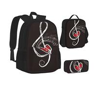 CPEOWZL Sac d'école imprimé symboles musicaux d'amour + trousse à crayons + sac à déjeuner pour enfants filles sac à déjeuner trousse à crayons, Noir , Taille unique